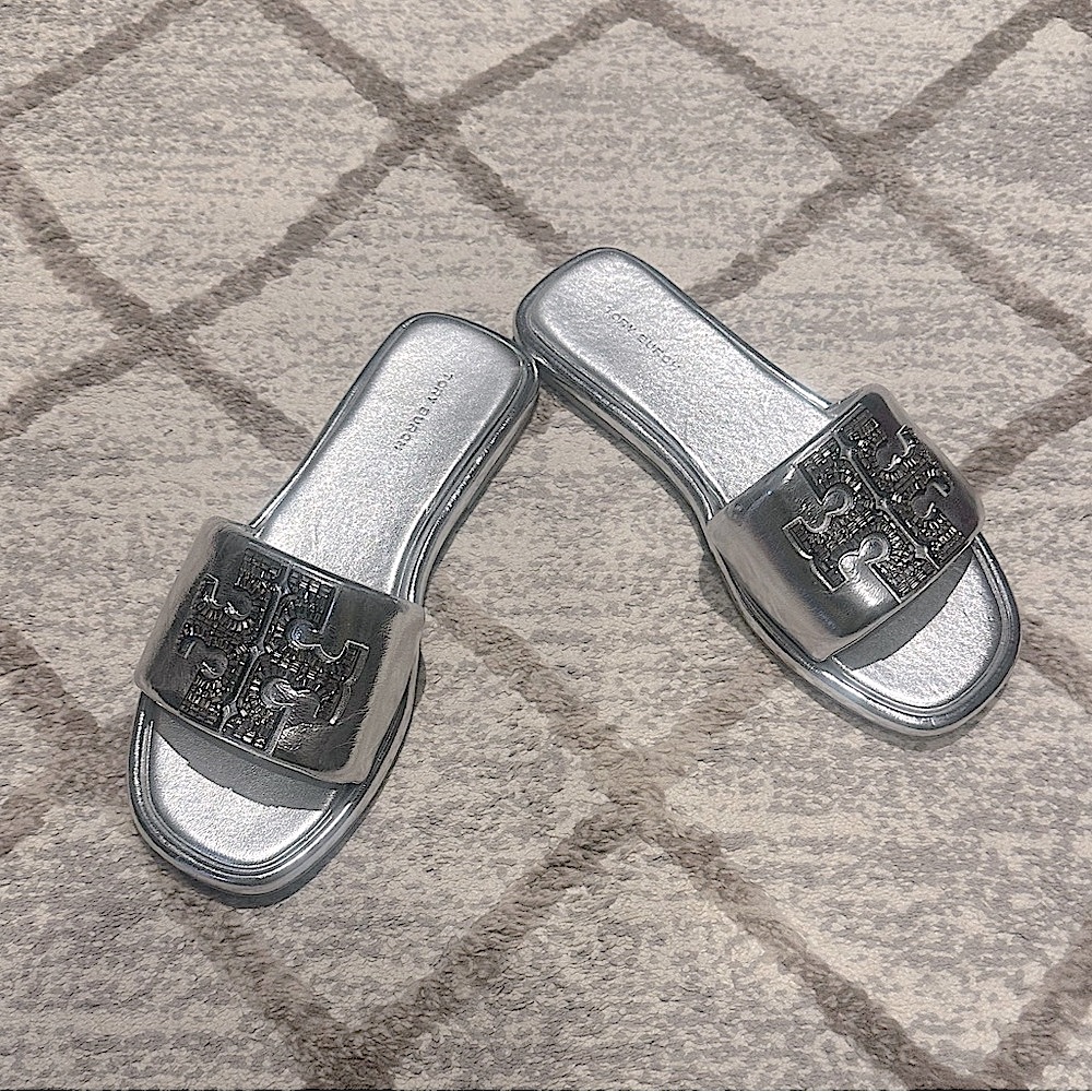 Tory Burch Silver Double-T Leather Sport Slide Sandal Sz 6.5